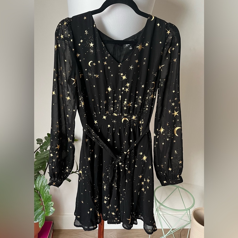 Lulus Black Star Print Long Sleeve Skater Dress
